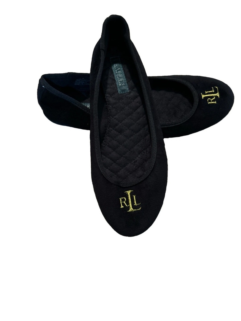 Lauren Ralph Lauren Women’s Black Velvet Ballet Flats with Gold RL Embroidery 9